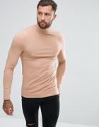 Asos Muscle Fit Long Sleeve Roll Neck T-shirt - Beige