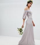 Tfnc Bardot Maxi Bridesmaid Dress With Sleeve Drama And Embellished Waist - Gray