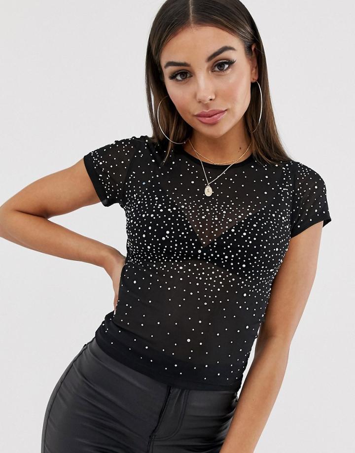 Asos Design Short Sleeve Mesh Top With Crystal Studs - Black