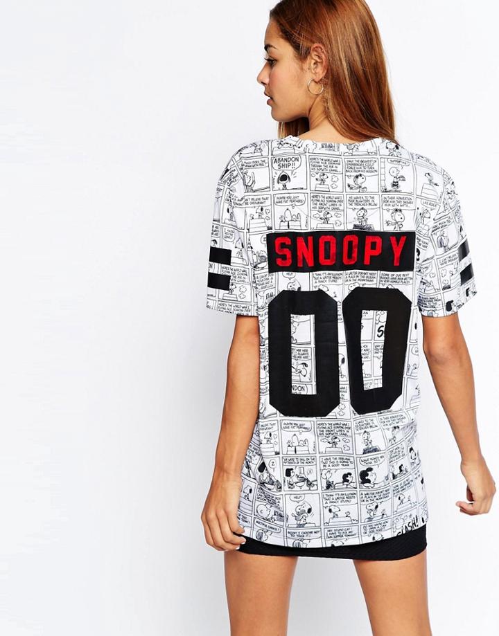 Criminal Damage Oversized Boyfriend T-shirt With Snoopy Comic Strip Print & Varsity Number Back - Multi