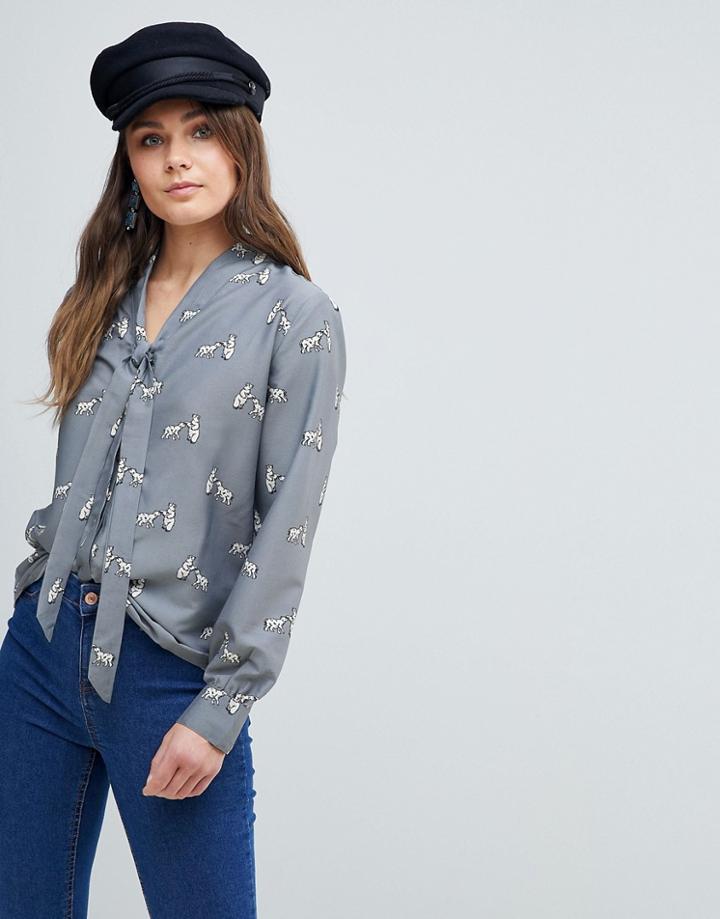 Yumi Blouse With Pussybow In Polar Bear Print - Gray