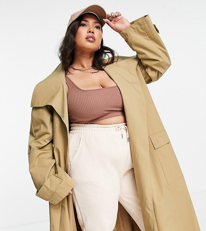 Asos Design Curve Collared Luxe Trench Coat In Stone-brown