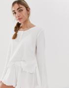 Asos Design Popper Waffle Pyjama Long Sleeve Top - White