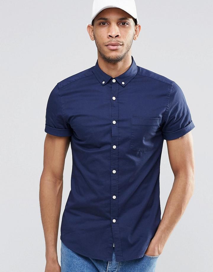 Asos Skinny Shirt In Navy Twill With Short Sleeves - Navy