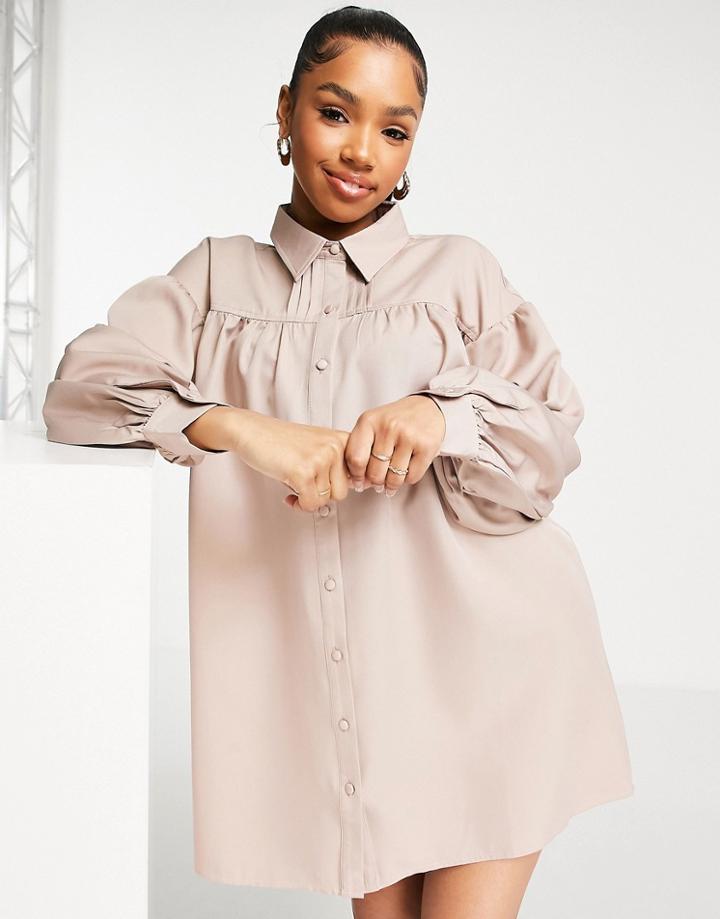 In The Style X Perrie Sian Button Through Shirt Dress In Taupe-neutral