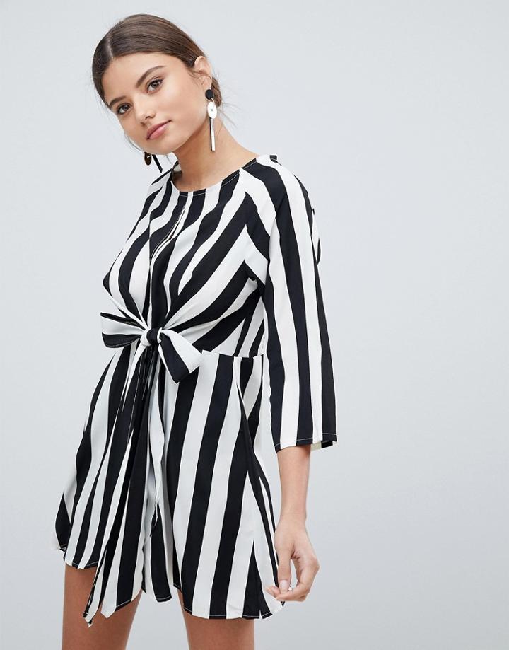 Prettylittlething Stripe Key Hole Tie Front Dress - Black