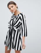 Prettylittlething Stripe Key Hole Tie Front Dress - Black