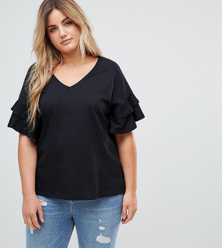 New Look Curves Double Sleeve Ruffle Tee - Black