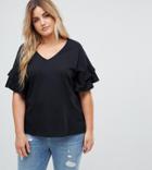 New Look Curves Double Sleeve Ruffle Tee - Black