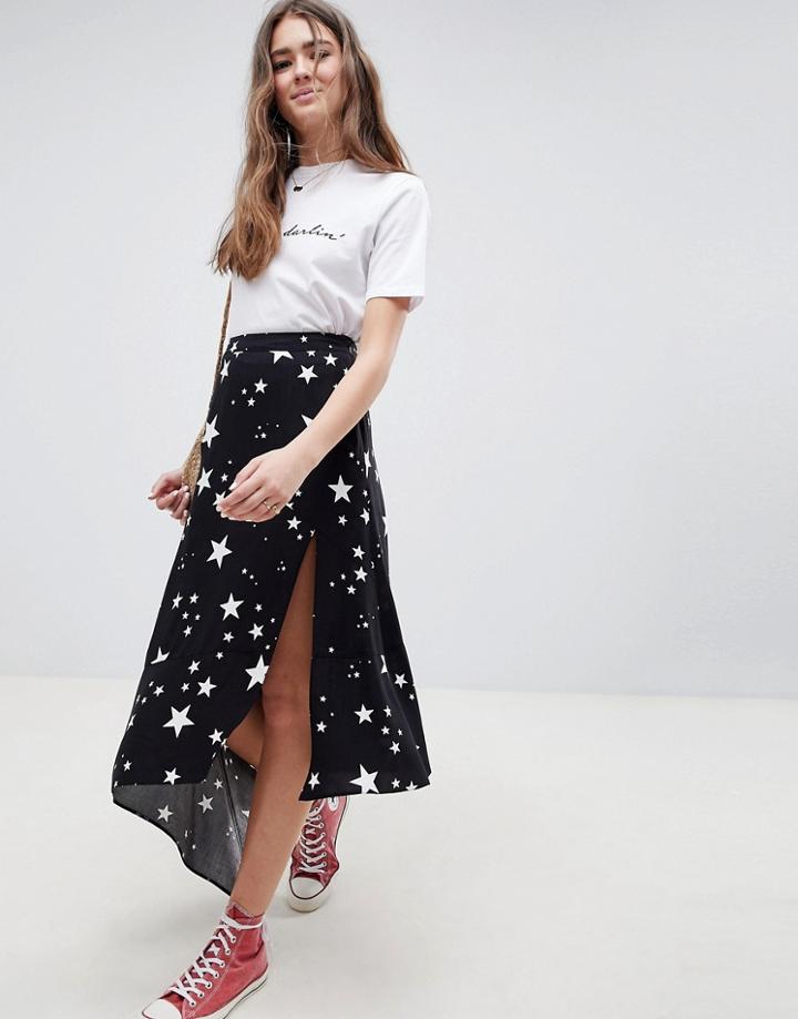 Asos Design Asymmetric Hem Midi Skirt In Star Print - Multi