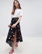 Asos Design Asymmetric Hem Midi Skirt In Star Print - Multi