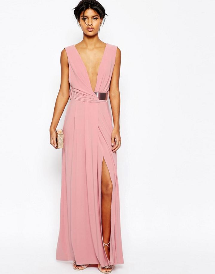 Asos Drape V Neck Belted Dress - Antique Pink