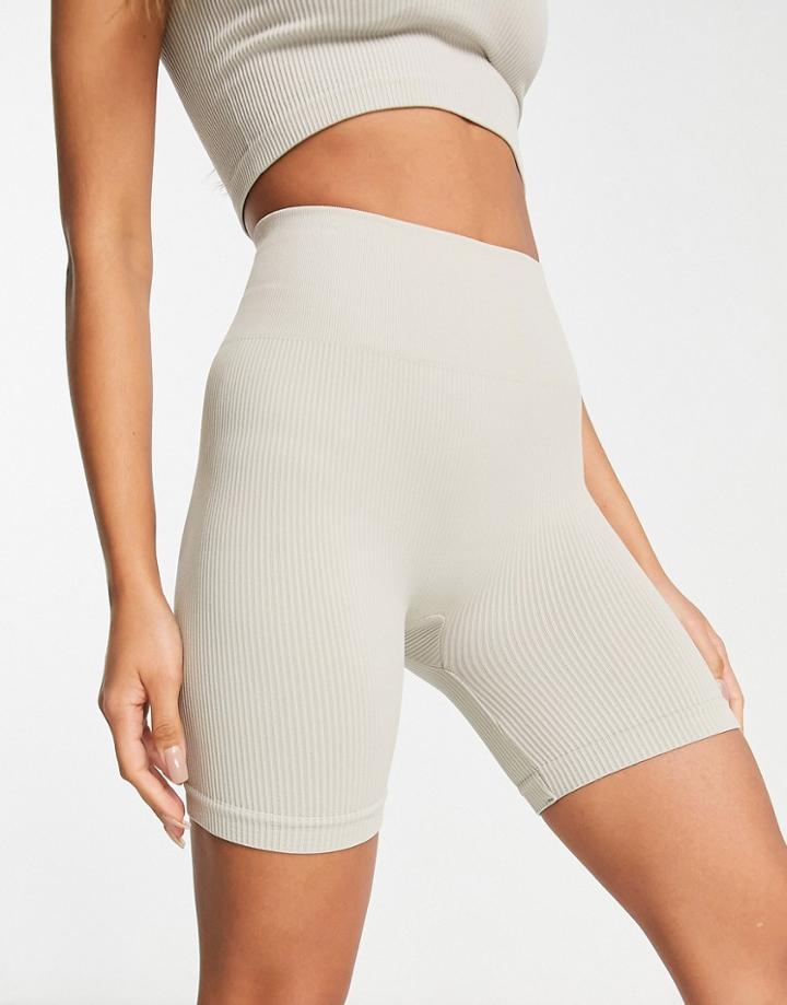 Pull & Bear Ribbed Seamless Legging Shorts In Sand-neutral