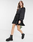 Asos Design Cotton Poplin Mini Smock Dress With Pin Tucks In Black