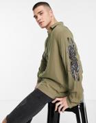 Topman Shirt With Dragon Embroidery In Khaki-green
