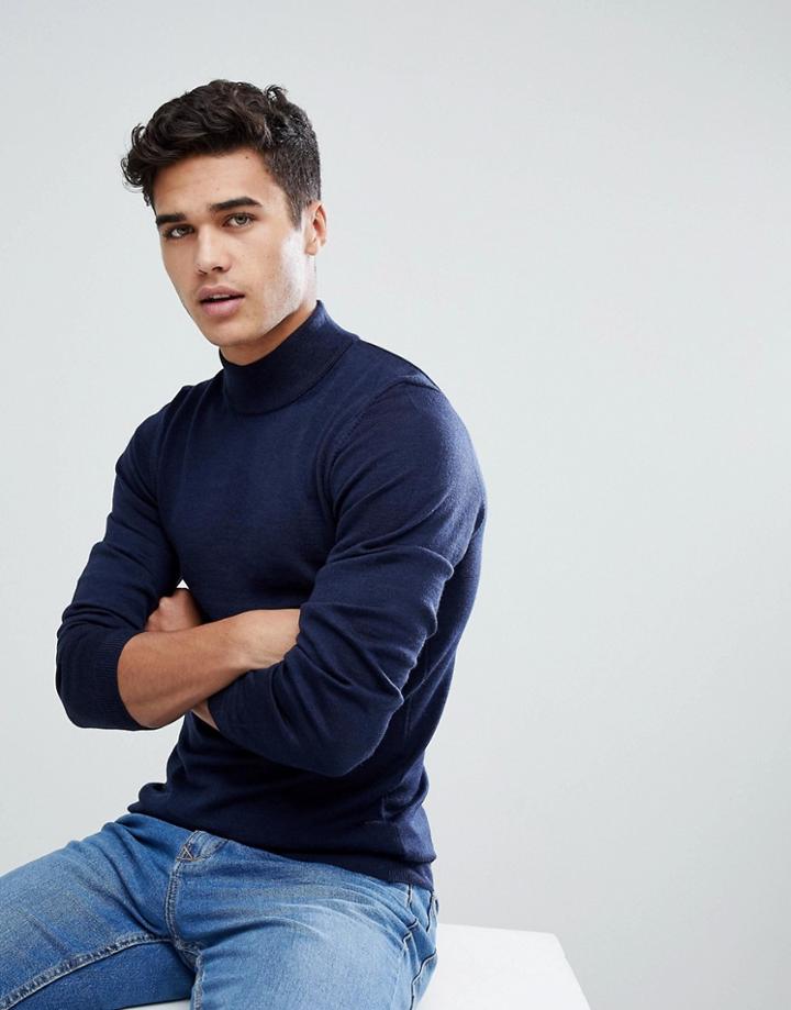 Asos Muscle Fit Merino Turtleneck Sweater In Navy - Navy