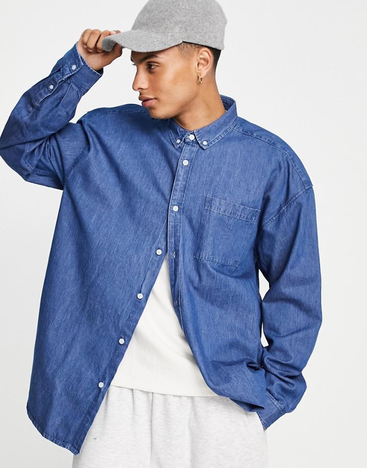 New Look Long Sleeve 90's Oversized Denim Shirt Mid Blue-blues