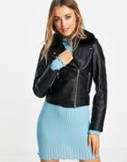 Miss Selfridge Fur Collar Faux Leather Moto Jacket In Black