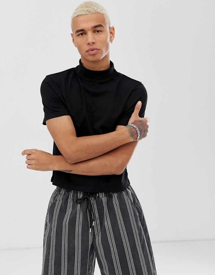 Asos Design Cropped Short Sleeve Roll Neck T-shirt In Black - Black