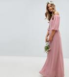 Tfnc Bardot Maxi Bridesmaid Dress With Sleeve Drama And Embellished Waist - Pink