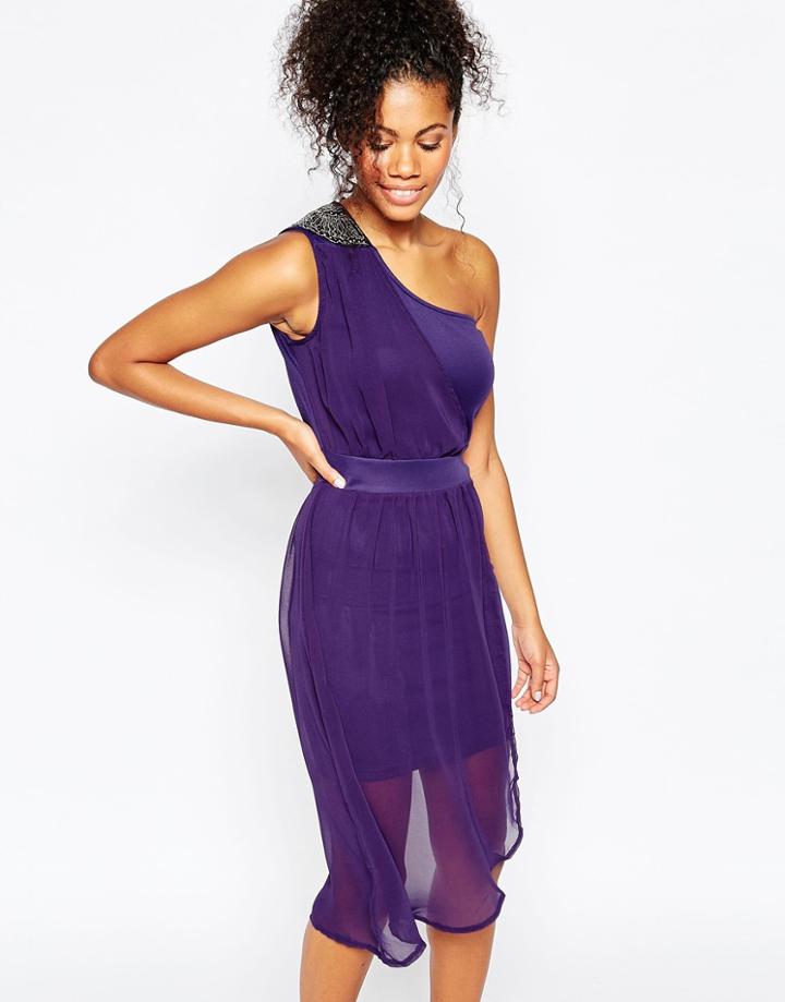 Jasmine One Shoulder Dress With Chiffon Overlay - Purple