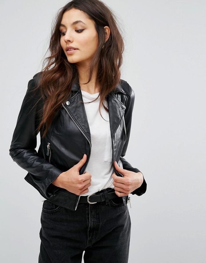 Pull & Bear Leather Biker Jacket - Black