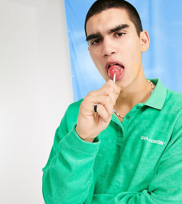 Collusion Polo Shirt In Towelling Set-green