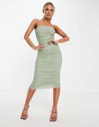 Simmi Ruched Strappy Midi Dress In Sage-pink