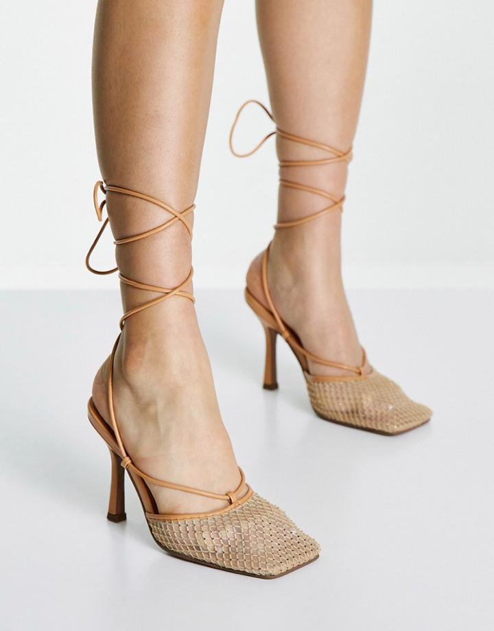 Asos Design Princella Embellished Square Toe Tie Leg Heeled Shoes In Beige-neutral