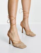 Asos Design Princella Embellished Square Toe Tie Leg Heeled Shoes In Beige-neutral