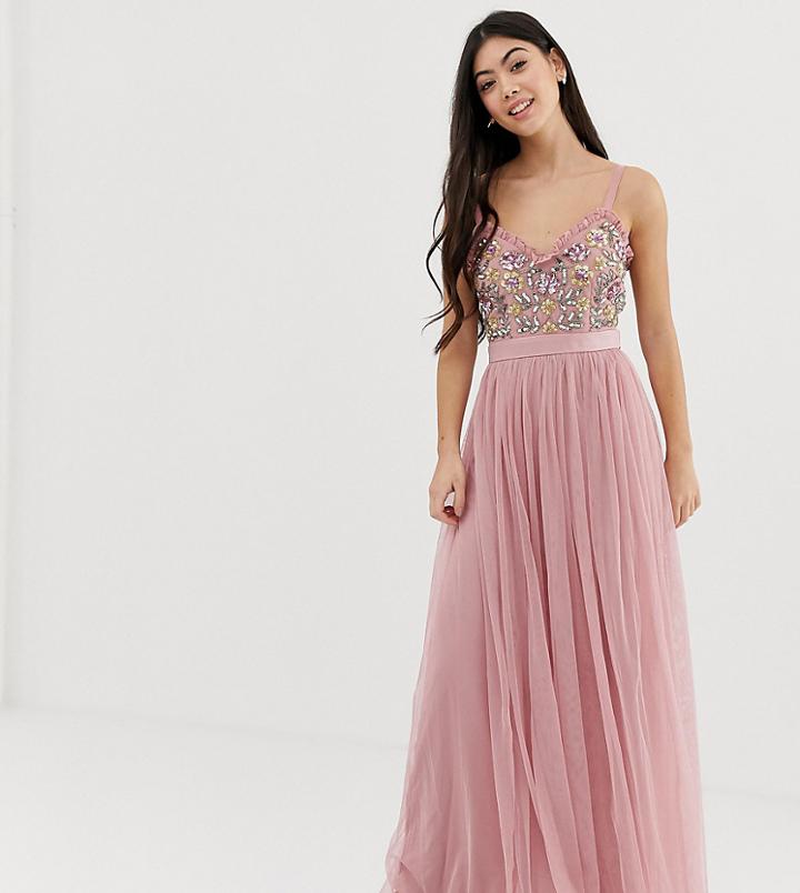 Maya Petite Cami Strap Contrast Embellished Top Tulle Detail Maxi Dress In Vintage Rose - Pink
