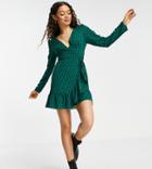 Asos Design Petite Wrap Front Mini Dress In Bottle Green Spot-multi