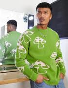 Asos Design Knitted Sweater With Mushroom Design In Green