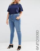 Asos Curve Lisbon Midrise Skinny Jeans In Lara Mid Stone Wash With Stepped Hem - Blue