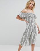 Missguided Striped Bardot Frill Detail Jumpsuit - White