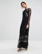 Frock And Frill Embroided Maxi Dress With Sheer Sleeves - Black