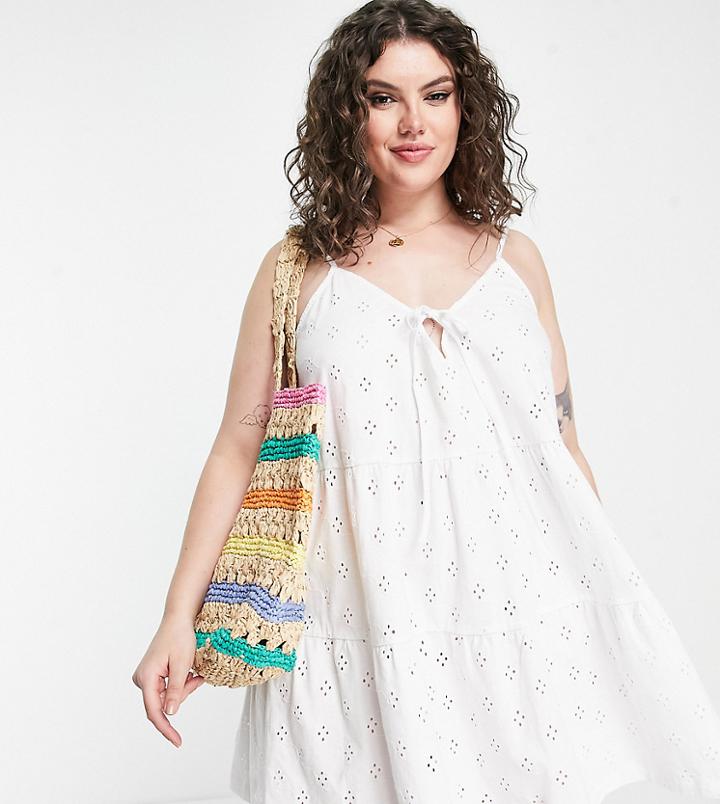 Asos Design Curve Broderie Tiered Sundress With Tie In White