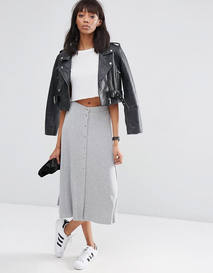 Asos Midi Skater Skirt With Poppers - Gray Marl