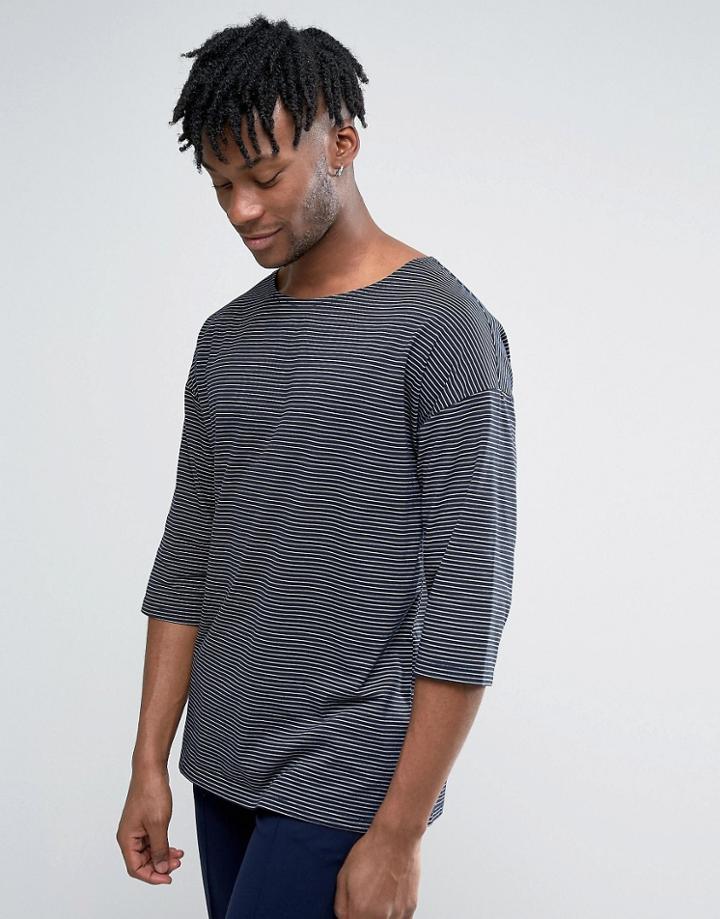 Asos Stripe Oversized 3/4 Sleeve T-shirt - Navy