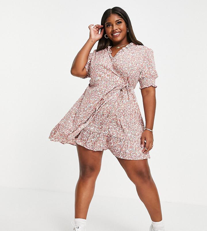 Influence Plus Wrap Dress In Ditsy Floral-multi