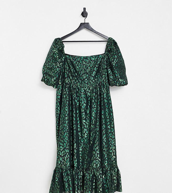 Collective The Label Curve Puff Sleeve Jacquard Midi Dress In Emerald Green
