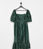 Collective The Label Curve Puff Sleeve Jacquard Midi Dress In Emerald Green