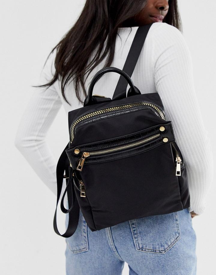 Asos Design Backpack With Chunky Zip And Croc Detail-black