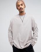 Asos Oversized Long Sleeve T-shirt With Ruche Sleeve - Beige