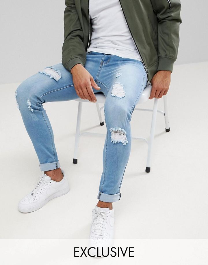 Liquor N Poker Skinny Extreme Rips Jeans In Light Stonewash-blues