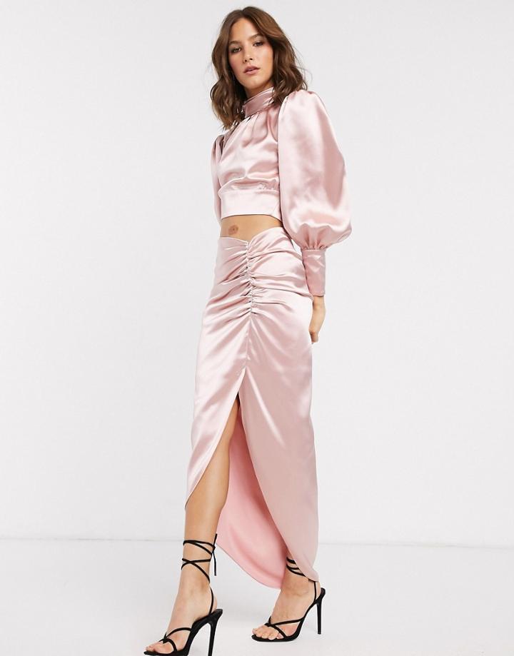 Asos Edition Satin Midi Skirt With Ruched Detail-pink