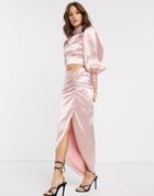 Asos Edition Satin Midi Skirt With Ruched Detail-pink