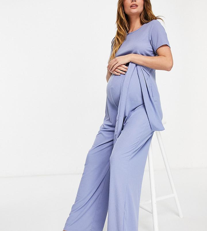 In The Style Maternity X Dani Dyer Ribbed Jumpsuit With Belt Detail In Blue-blues