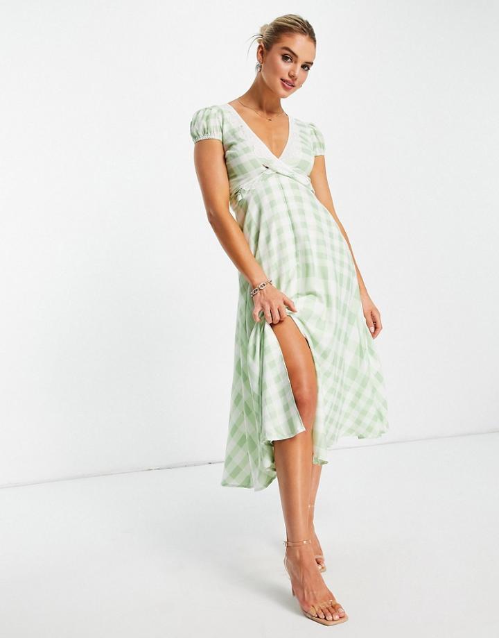 Asos Design Cap Sleeve Midi Tea Dress With Lace Inserts In Gingham-multi