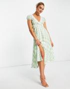 Asos Design Cap Sleeve Midi Tea Dress With Lace Inserts In Gingham-multi
